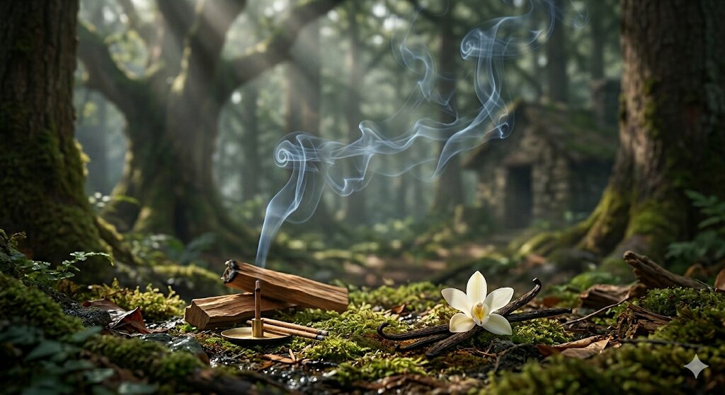 バイレード ジプシーウォーター ハンドクリームのテクスチャとウッディな情景