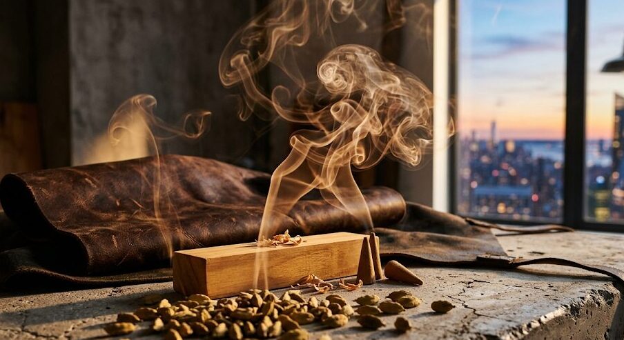 ルラボ サンタル33の香りの変化：スパイシー、クリーミーなウッド、スモーキーなレザーが重なり合うイメージ