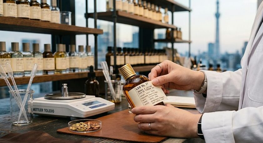 ルラボの店舗での調合体験とラベルカスタマイズ：店員さんの丁寧な手元と洗練されたラボのイメージ