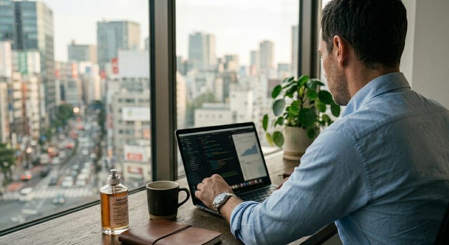 30代メンズのビジネス・プライベート両面で活躍する、洗練されたビターオレンジの香りと都会的なライフスタイルのイメージ