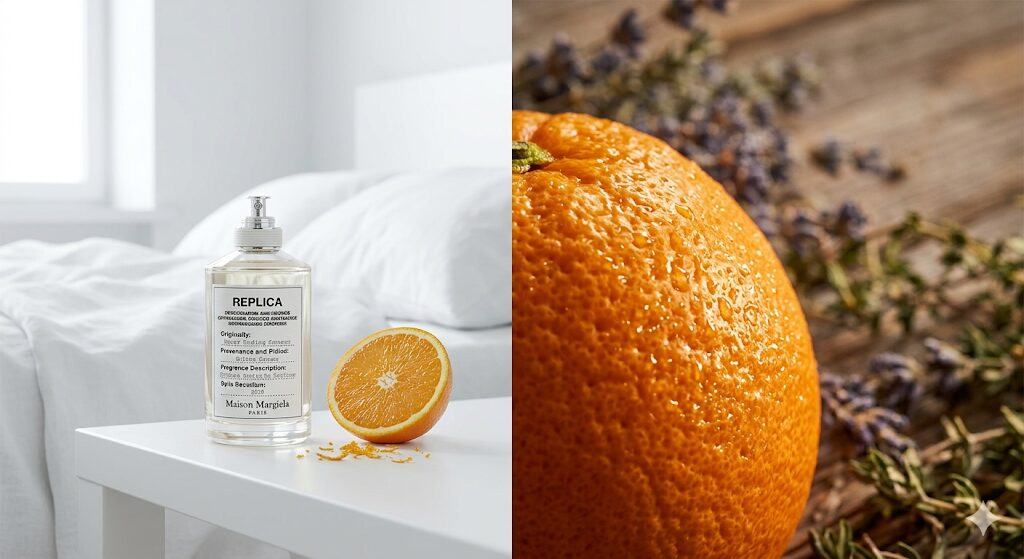 マルジェラ香水の比較：『レイジーサンデーモーニング（白いシーツ）』と『ネバーエンディング サマー（ビターオレンジの光）』の異なる清潔感のイメージ